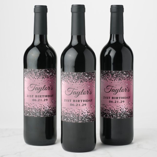 Black Glitter Pink Foil 21st Birthday Weinetikett (Flaschen)