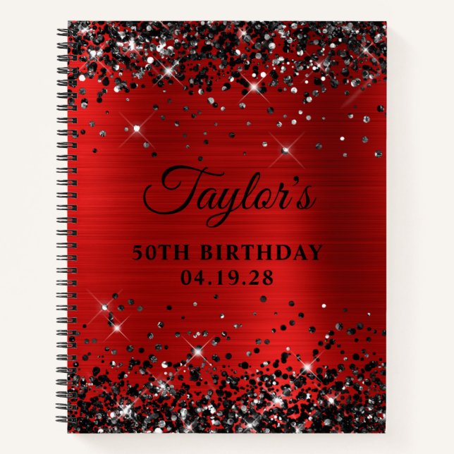 Black Glitter Red Foil 50th Birthday Guest Notizbuch (Vorderseite)
