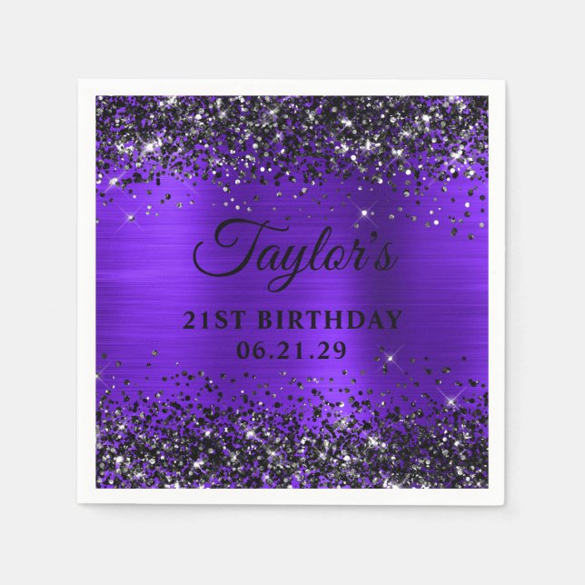 Black Glitter Violet Foil 21st Birthday Serviette (Vorderseite)