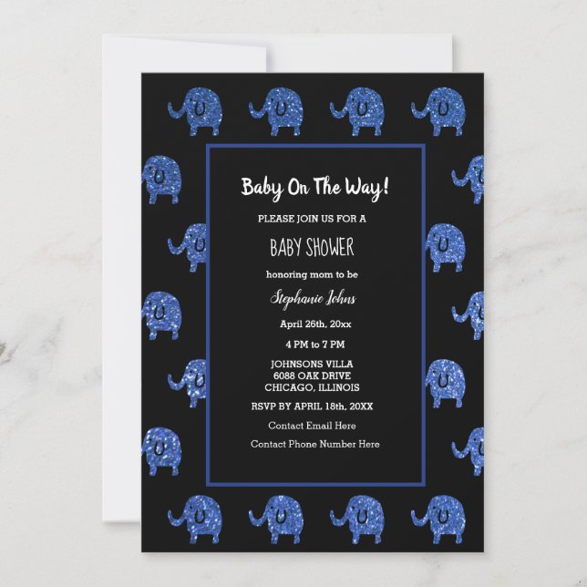 Black Glittery Blue Baby Dusche Elefantentiere Einladung (Vorderseite)