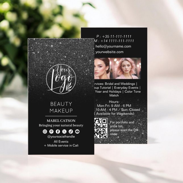 Black Glitzer Beauty Makeup Artist Fotos QR Code Visitenkarte (Black glitter Beauty Makeup Artist Photos QR Code Business Card)