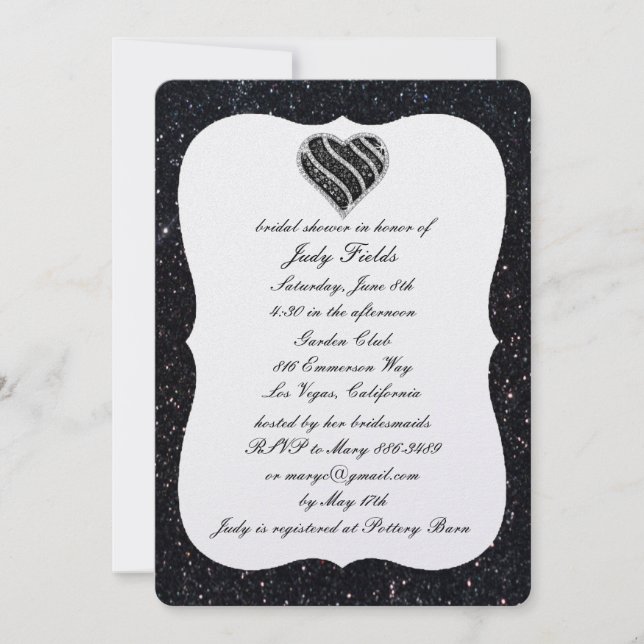 Black Glitzer Black Heart Bridal Dusche Einladung (Vorderseite)