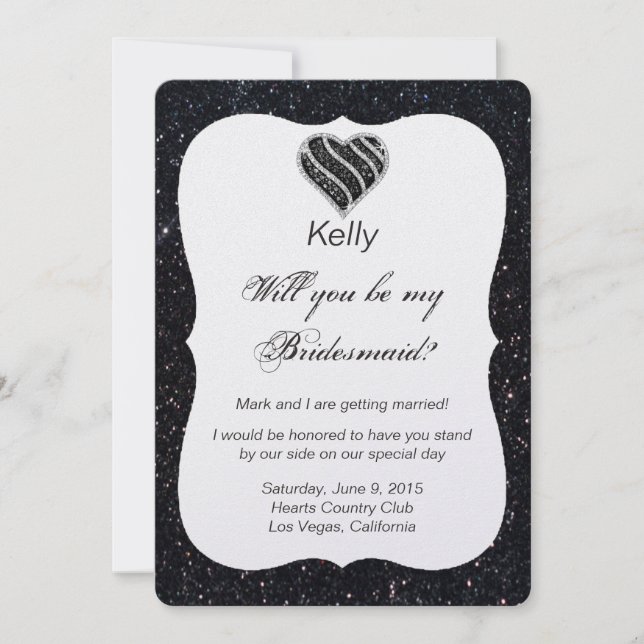 Black Glitzer Black Heart Bridesmaid Card Einladung (Vorderseite)