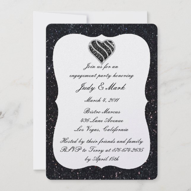 Black Glitzer Black Heart Engagement Party einlade Einladung (Vorderseite)