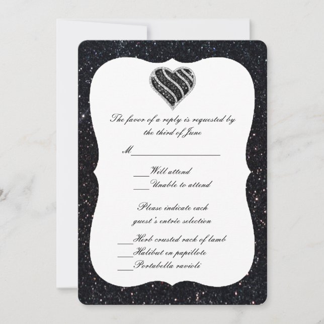 Black Glitzer Black Heart Response Card Einladung (Vorderseite)