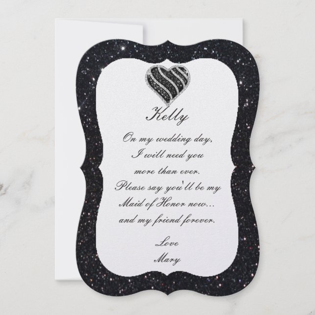 Black Glitzer Black Heart Trauzeugin Card Einladung (Vorderseite)