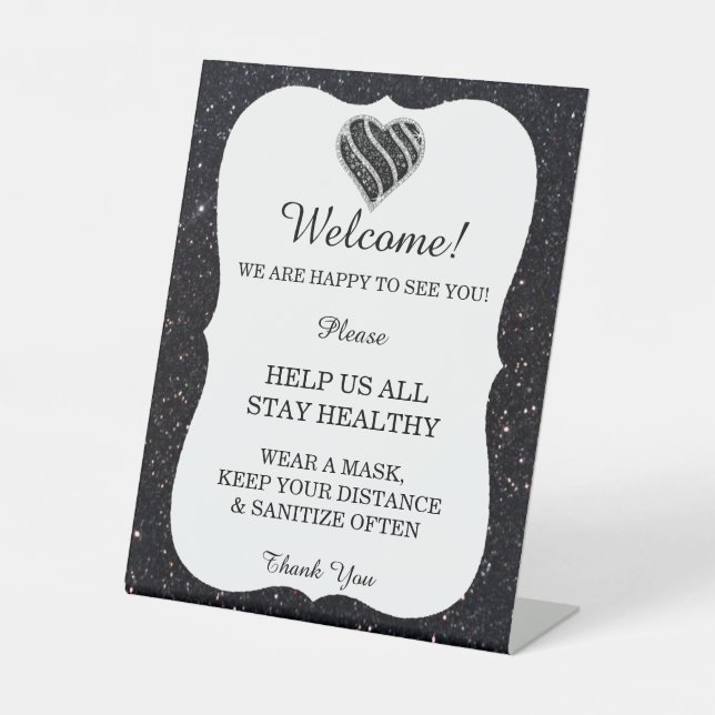 Black Glitzer Black & White Heart Wedding Safety Sockelschild (Vorderseite)
