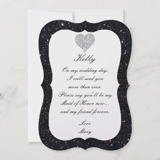 Black Glitzer Diamond Heart Trauzeugin Card Einladung (Vorderseite)