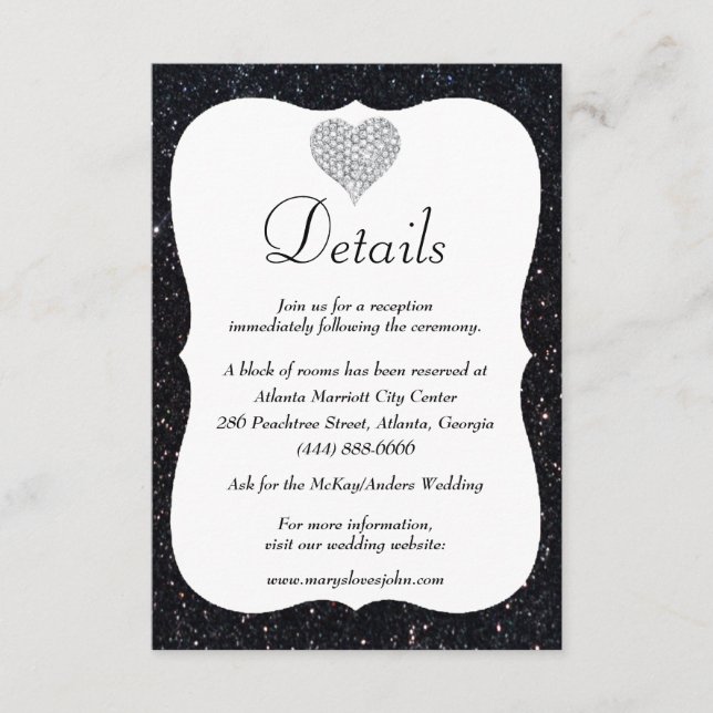Black Glitzer Diamond Heart Wedding Details Begleitkarte (Vorderseite)