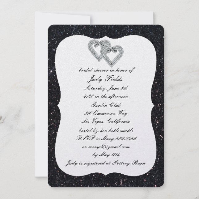 Black Glitzer Diamond Hearts Brautparty laden ein Einladung (Vorderseite)
