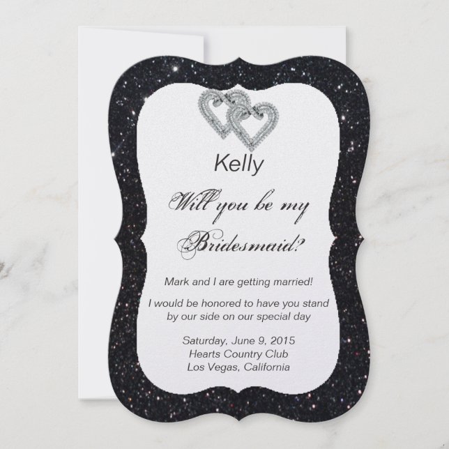 Black Glitzer Diamond Hearts Bridesmaid Card Einladung (Vorderseite)