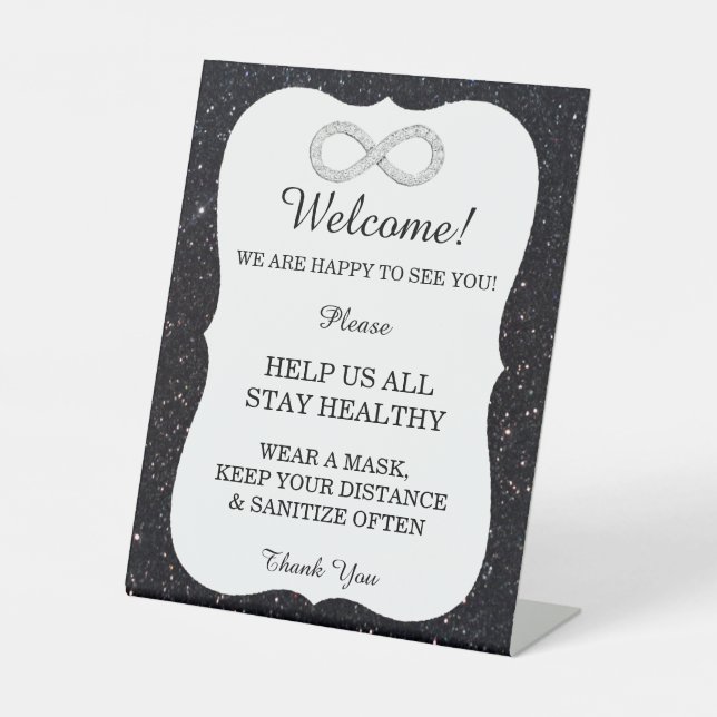 Black Glitzer Diamond Unendlichkeit Hochzeitssiche Sockelschild (Vorderseite)