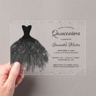 Black Glitzer Dress Script Quinceañera Party Acryleinladungen