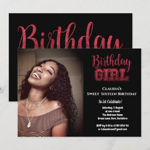 Black Glitzer Elegant Birthday Girl Sweet 16 Foto Einladung
