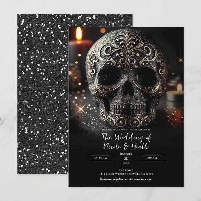 Black Glitzer Glam Sparkle Skull Gothic Wedding Einladung (Vorne/Hinten)