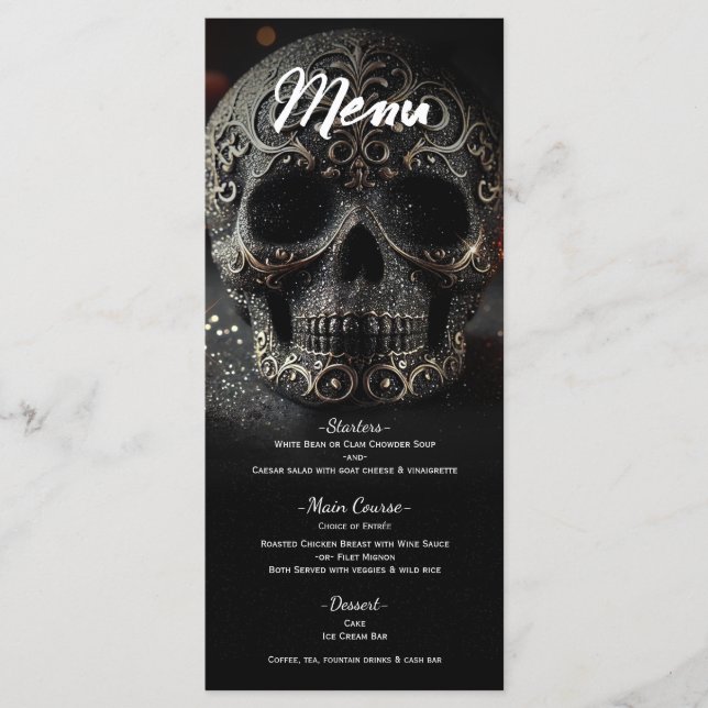 Black Glitzer Glam Sparkle Skull Wedding Menu Menükarte (Vorderseite)