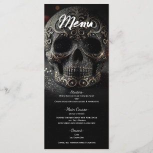 Black Glitzer Glam Sparkle Skull Wedding Menu Menükarte