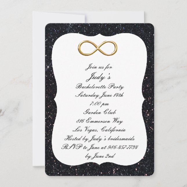 Black Glitzer Gold Infinity Junggeselinnen-Abschie Einladung (Vorderseite)
