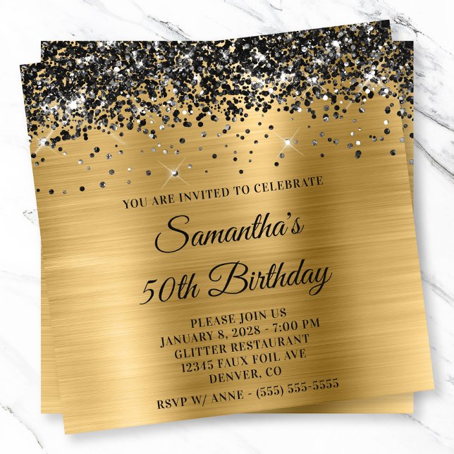 Black Glitzer Gold Metallic Look 50. Geburtstag Einladung (Black Glitter Gold Metallic Look 50th Birthday Invitation)