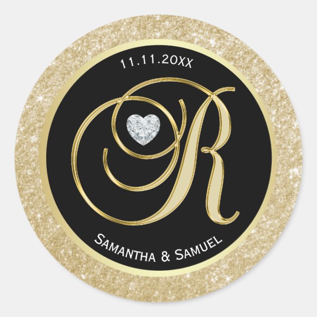Black Glitzer Gold Monogram Letter R Wedding Siege Runder Aufkleber (Vorderseite)