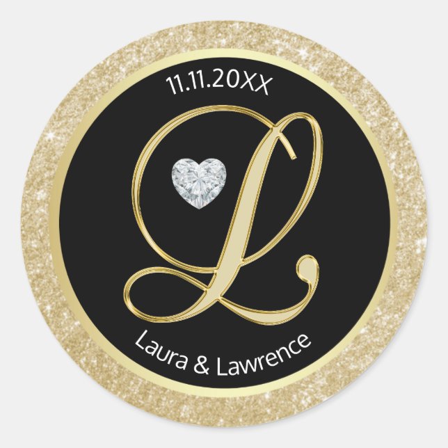 Black Glitzer Gold Monogram Wedding Umschlag Aufkl Runder Aufkleber (Vorderseite)