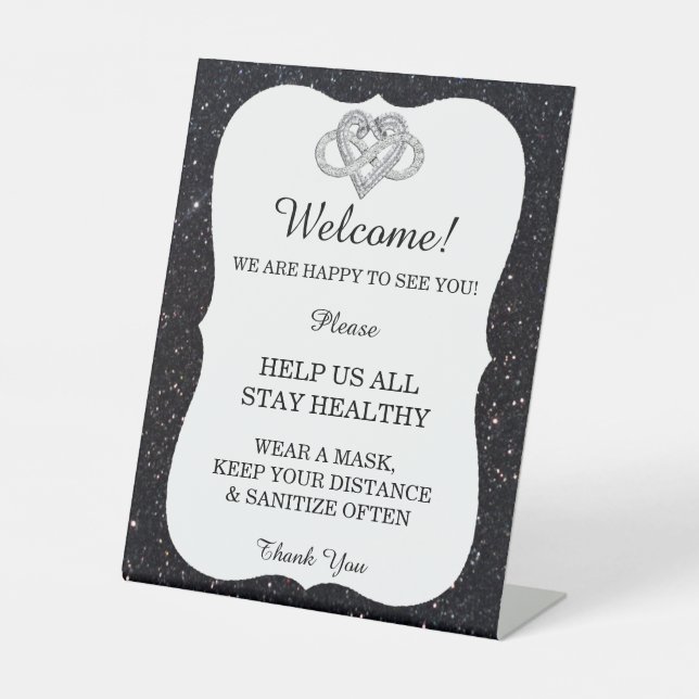 Black Glitzer Infinity Heart Wedding Safety Sockelschild (Vorderseite)