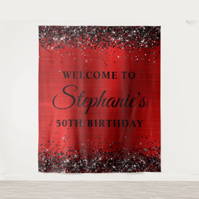 Black Glitzer Red Foil Willkommen zum 50. Geburtst Wandteppich (Vorderseite)