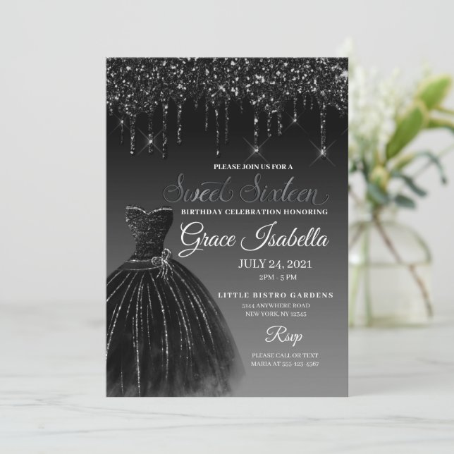 Black Glitzer Tropfen 16 . Geburtstag Geburtstag Einladung (Stehend Vorderseite)