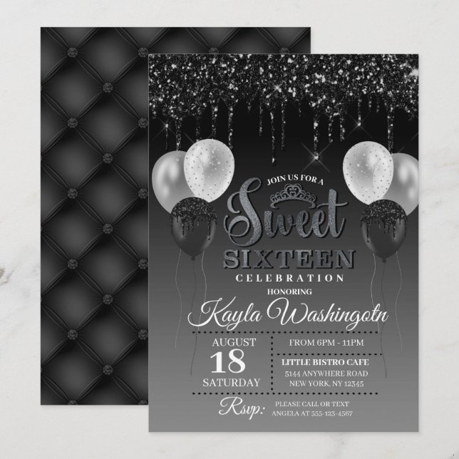 Black Glitzer Tropfen 16 . Geburtstag Geburtstag  Einladung (Vorne/Hinten)