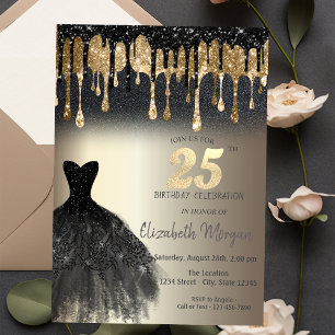 Black Glitzer Tropfen Black Dress Gold 25. Geburts Einladung