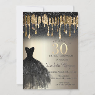 Black Glitzer Tropfen Black Dress Gold 30. Geburts Einladung