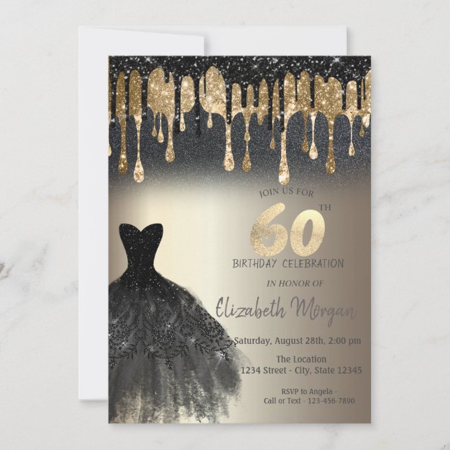 Black Glitzer Tropfen Black Dress Gold 60. Einladung (Vorderseite)