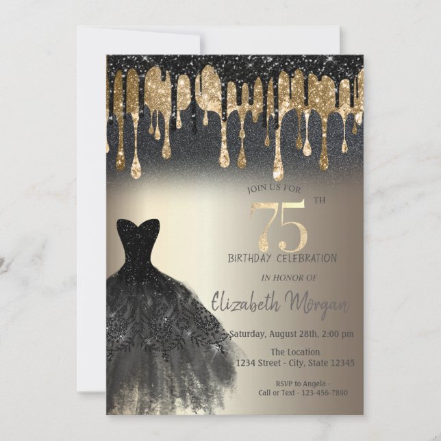 Black Glitzer Tropfen Black Dress Gold 75. Einladung (Vorderseite)