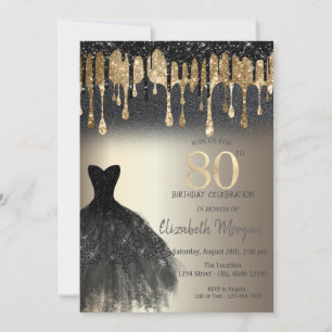 Black Glitzer Tropfen Black Dress Gold 80. Geburts Einladung