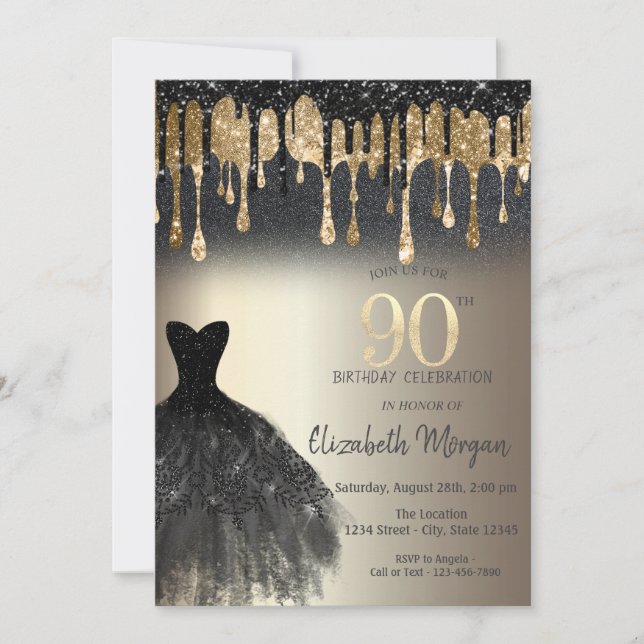 Black Glitzer Tropfen Black Dress Gold 90. Geburts Einladung (Vorderseite)