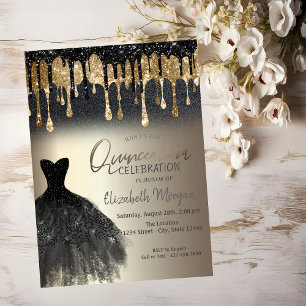 Black Glitzer Tropfen Black Dress Gold Quinceañera Einladung