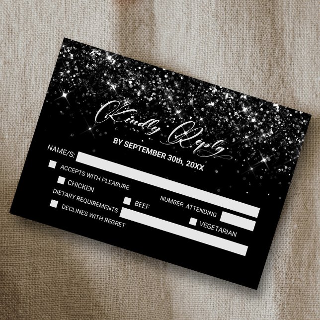 Black Glitzer Wedding RSVP Karte (Von Creator hochgeladen)