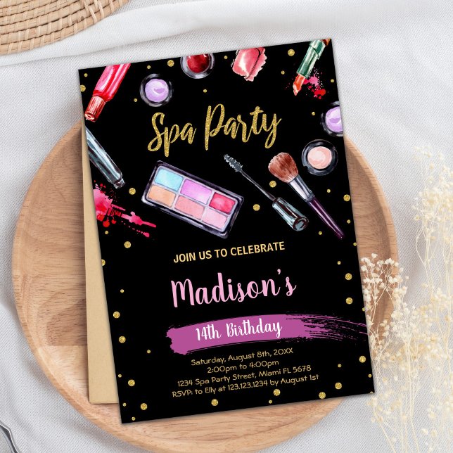 Black Glitzer Wellness-Center Geburtstagseinladung Einladung (Black Glitter Spa Birthday Invitations)