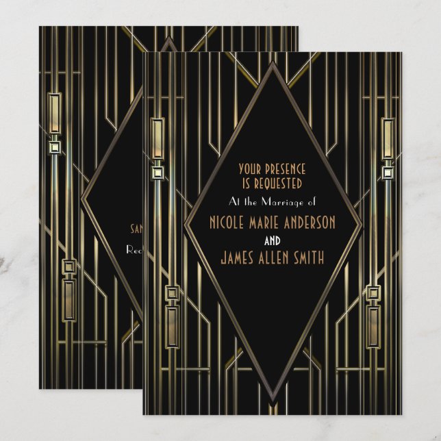 Black & Gold 20's Art Deco Gatsby Glam Wedding Einladung (Vorne/Hinten)