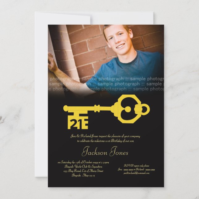 Black & Gold 21st Birthday Party Key Invitation Einladung (Rückseite)