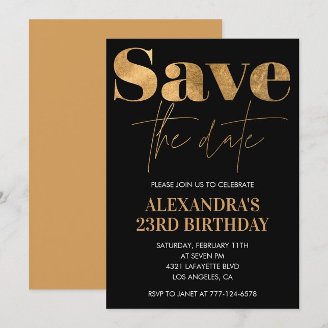 Black Gold 23rd birthday invitations Save the date (Devant / Derrière)
