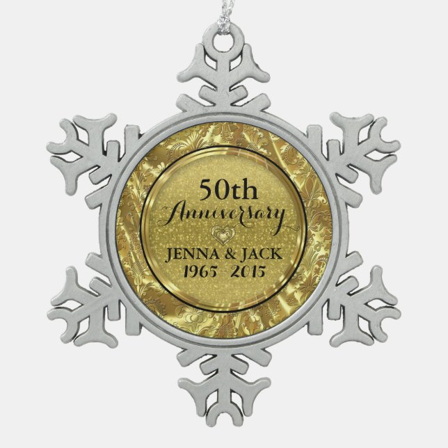 Black & Gold 25. Hochzeitsszenario Schneeflocken Zinn-Ornament (Vorderseite)