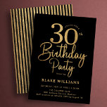 Black Gold 30th Birthday Einladung<br><div class="desc">Black and gold 30th birthday party invitation. Trendy modern design,  perfect for a stylish men's or women's bday celebration. Features script font and stylish stripes on the back. Customize with your own details. Printed Zazzle invitations or instant download digital printable template.</div>