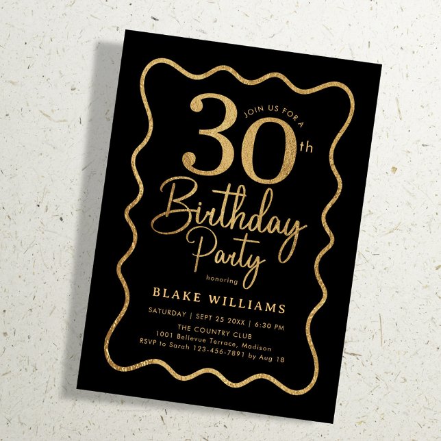 Black Gold 30th Birthday Wavy Border Einladung (Von Creator hochgeladen)