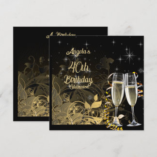 Black & Gold 40. Geburtstag Party Champagne Brille Einladung
