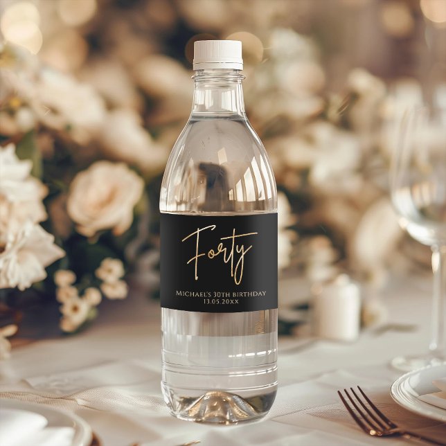 Black & Gold 40. Geburtstagsfeier (Black & Gold 40th Birthday Party Water Bottle Label)