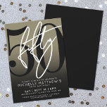 Black Gold 50. Geburtstagsparty Einladung<br><div class="desc">Feiern Sie 50 Jahre stilvoll mit dieser modernen 50. Geburtstagsfeier. Das Design ist mit einem goldenen Imitat-Hintergrund versehen, der hinter einem schlichten Graustufen-Schwarz-Farbverlauf liegt und einen eleganten, auffälligen Look bietet. Eine große schwarze "50" dehnt sich über den größten Teil der Karte aus, mit einer weißen "50"-Schrift im handgeschriebenen Skriptstil, die...</div>