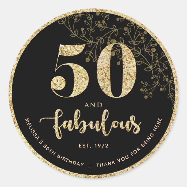 Black & Gold 50. Geburtstagsparty Gunst Sticker (Vorderseite)