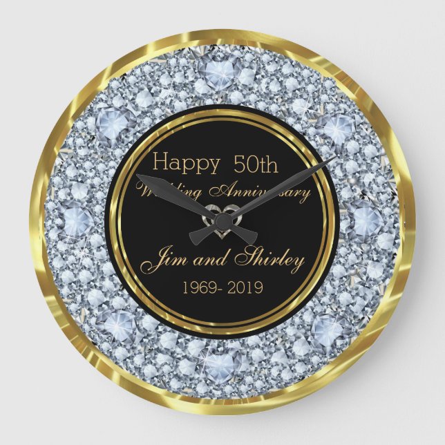 Black & Gold 50. Hochzeitstag Große Wanduhr (Vorderseite)
