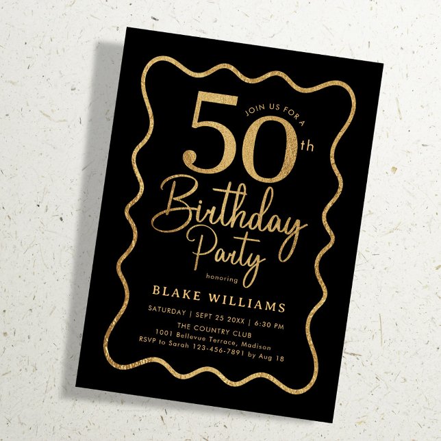 Black Gold 50th Birthday Wavy Border Einladung (Von Creator hochgeladen)